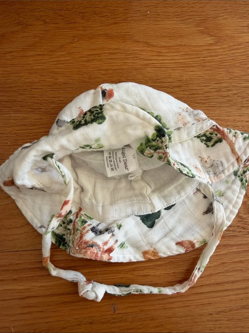 Angel Dear White Muslin Romper & Sun Hat Set with Green and Brown Woodland Print
